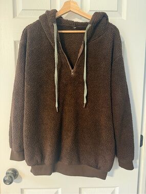 Woman’s  Sherpa Half-Zip Hoodie Sweater - Brown